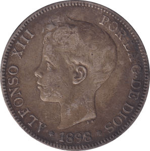 1898 SILVER 5 PESETAS SPAIN - SILVER WORLD COINS - Cambridgeshire Coins