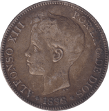 1898 SILVER 5 PESETAS SPAIN - SILVER WORLD COINS - Cambridgeshire Coins