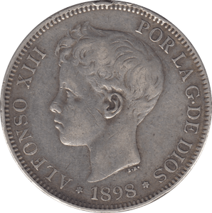 1898 SILVER FIVE PESETAS SPAIN - SILVER WORLD COINS - Cambridgeshire Coins