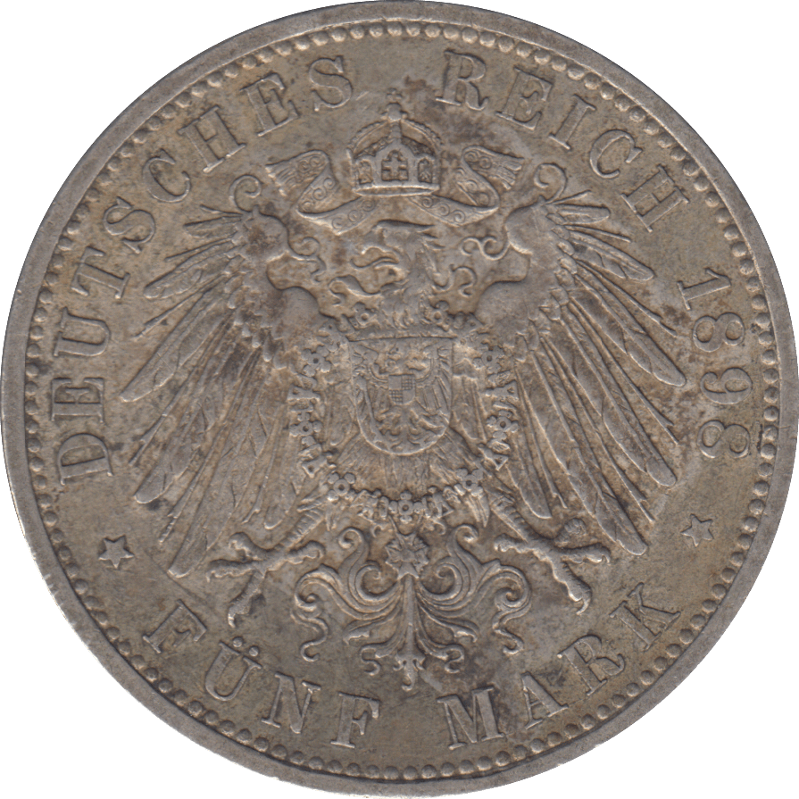 1898 SILVER PRUSSIA 5 MARK - SILVER WORLD COINS - Cambridgeshire Coins