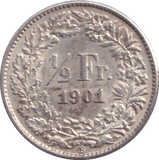 1901 SILVER 1/2 FRANC SWITZERLAND - SILVER WORLD COINS - Cambridgeshire Coins