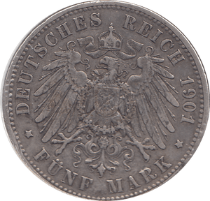 1901 SILVER FIVE MARKS GERMANY - SILVER WORLD COINS - Cambridgeshire Coins