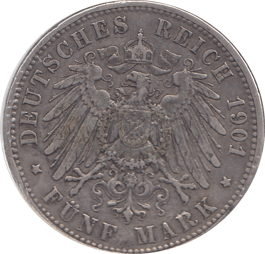 1901 SILVER FIVE MARKS GERMANY - SILVER WORLD COINS - Cambridgeshire Coins