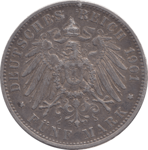 1901 SILVER GERMANY 5 MARK WUERTTEMBERG - SILVER WORLD COINS - Cambridgeshire Coins