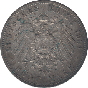 1901 SILVER PRUSSIA 5 MARK - SILVER WORLD COINS - Cambridgeshire Coins