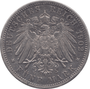 1902 SILVER 5 DEUTSCHE MARK GERMANY - SILVER WORLD COINS - Cambridgeshire Coins
