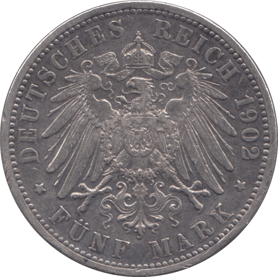 1902 SILVER 5 DEUTSCHE MARK GERMANY - SILVER WORLD COINS - Cambridgeshire Coins