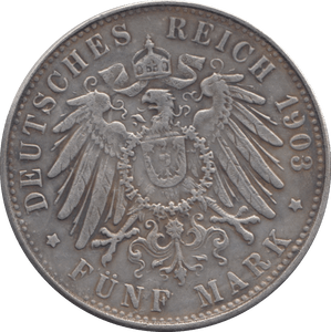 1903 GERMAN STATES SILVER FIVE MARKS - SILVER WORLD COINS - Cambridgeshire Coins