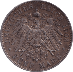 1903 SILVER 5 MARK GERMANY KINGDOM OF SAXONY - SILVER WORLD COINS - Cambridgeshire Coins