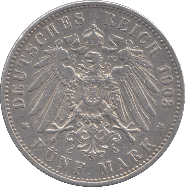 1903 SILVER 5 MARK GERMANY - SILVER WORLD COINS - Cambridgeshire Coins