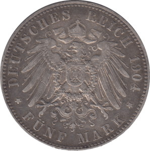 1904 SILVER 5 MARK GERMANY - SILVER WORLD COINS - Cambridgeshire Coins