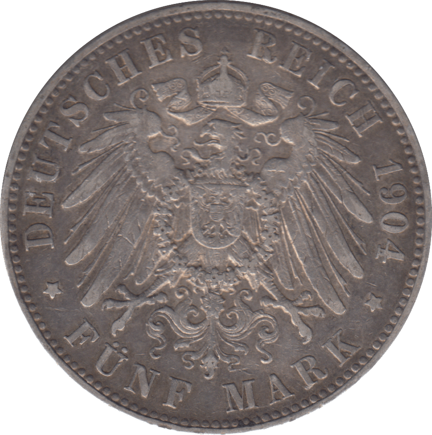 1904 SILVER 5 MARK GERMANY - SILVER WORLD COINS - Cambridgeshire Coins