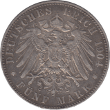 1904 SILVER 5 MARK GERMANY - SILVER WORLD COINS - Cambridgeshire Coins