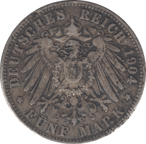 1904 SILVER PRUSSIA 5 MARK - SILVER WORLD COINS - Cambridgeshire Coins