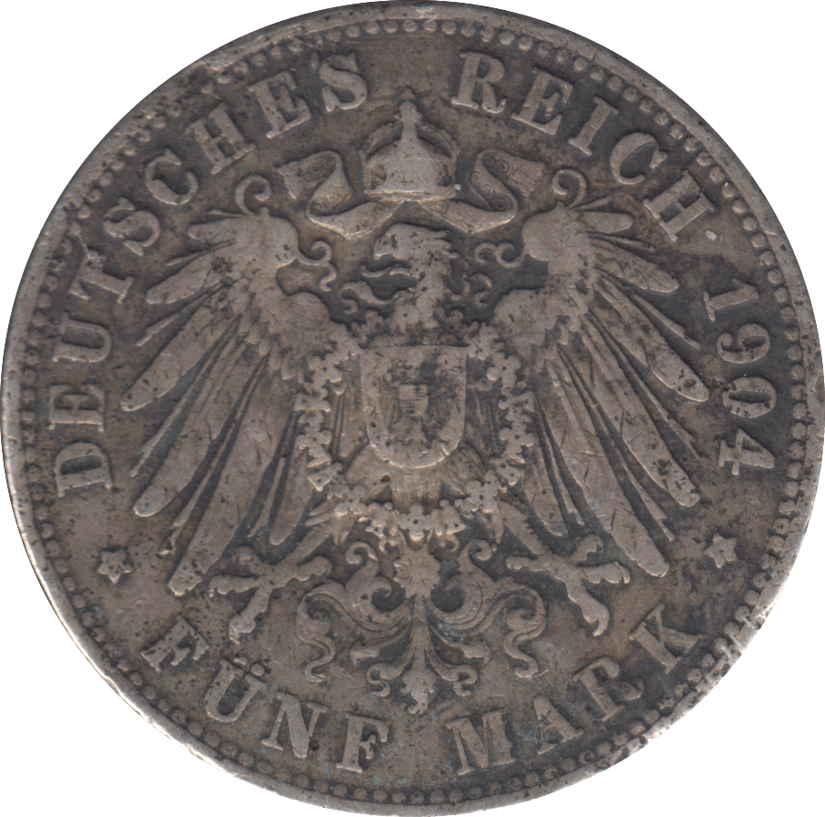 1904 SILVER PRUSSIA 5 MARK - SILVER WORLD COINS - Cambridgeshire Coins