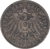 1904 SILVER PRUSSIA 5 MARK - SILVER WORLD COINS - Cambridgeshire Coins