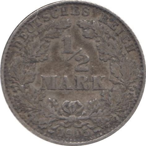 1905 SILVER 1/2 MARK GERMANY - SILVER WORLD COINS - Cambridgeshire Coins