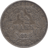 1905 SILVER 1/2 MARK GERMANY - SILVER WORLD COINS - Cambridgeshire Coins