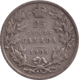 1905 SILVER CANADA 25 CENTS - SILVER WORLD COINS - Cambridgeshire Coins