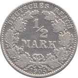 1905 SILVER GERMANY 1/2 MARK - SILVER WORLD COINS - Cambridgeshire Coins