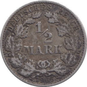 1906 SILVER 1/2 MARK GERMANY 3 - SILVER WORLD COINS - Cambridgeshire Coins
