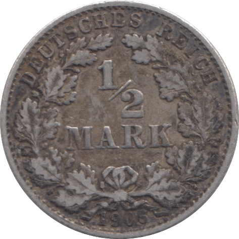 1906 SILVER 1/2 MARK GERMANY 3 - SILVER WORLD COINS - Cambridgeshire Coins