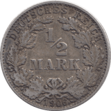 1906 SILVER 1/2 MARK GERMANY 5 - SILVER WORLD COINS - Cambridgeshire Coins