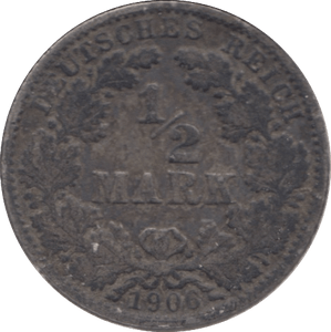 1906 SILVER 1/2 MARK GERMANY - SILVER WORLD COINS - Cambridgeshire Coins