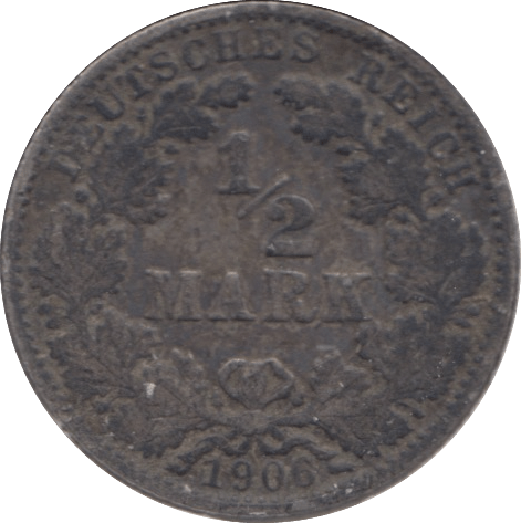 1906 SILVER 1/2 MARK GERMANY - SILVER WORLD COINS - Cambridgeshire Coins