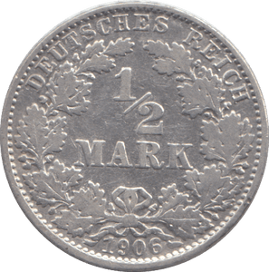 1906 SILVER GERMANY 1/2 MARK - SILVER WORLD COINS - Cambridgeshire Coins