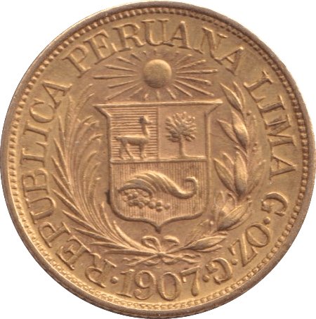 1907 GOLD 1/2 LIBRA PERU - GOLD WORLD COINS - Cambridgeshire Coins