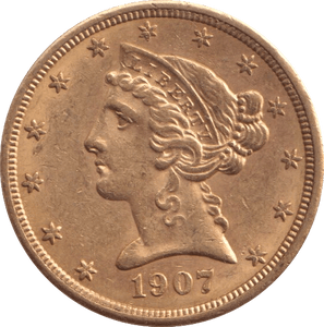 1907 GOLD FIVE DOLLARS USA - Gold World Coins - Cambridgeshire Coins