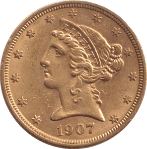 1907 GOLD FIVE DOLLARS USA - Gold World Coins - Cambridgeshire Coins