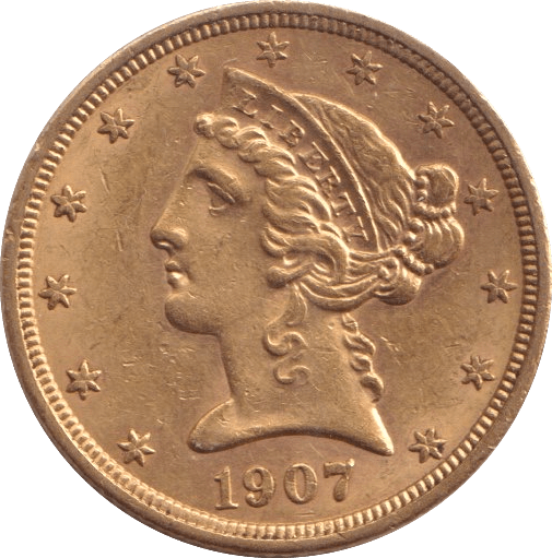 1907 GOLD FIVE DOLLARS USA - Gold World Coins - Cambridgeshire Coins
