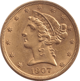 1907 GOLD FIVE DOLLARS USA - Gold World Coins - Cambridgeshire Coins