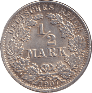 1907 SILVER 1/2 MARK GERMANY - SILVER WORLD COINS - Cambridgeshire Coins