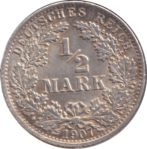 1907 SILVER 1/2 MARK GERMANY - SILVER WORLD COINS - Cambridgeshire Coins