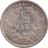 1907 SILVER 1/2 MARK GERMANY - SILVER WORLD COINS - Cambridgeshire Coins