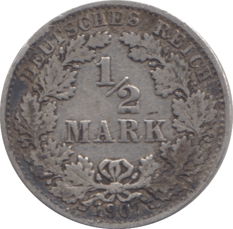 1907 SILVER 1/2 MARK GERMANY - SILVER WORLD COINS - Cambridgeshire Coins