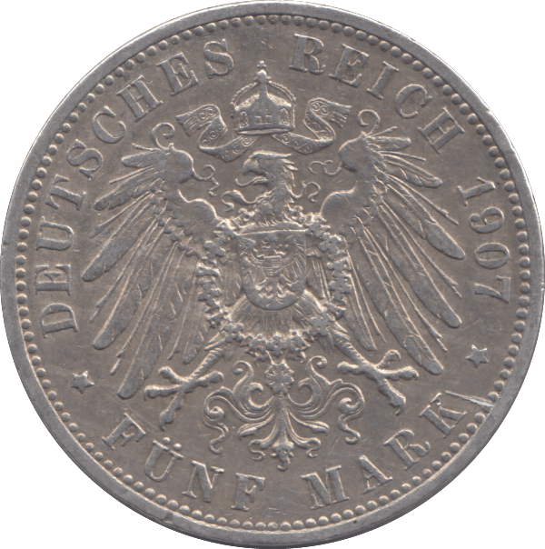 1907 SILVER 5 MARK GERMANY - SILVER WORLD COINS - Cambridgeshire Coins