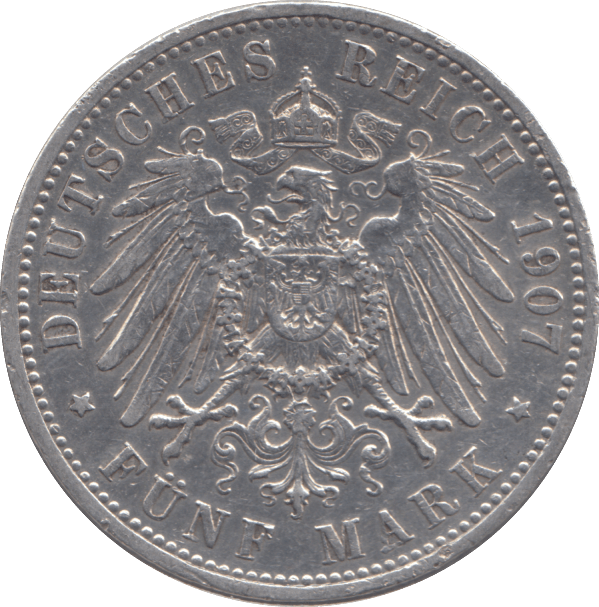 1907 SILVER 5 MARK GERMANY - SILVER WORLD COINS - Cambridgeshire Coins