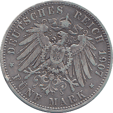 1907 SILVER PRUSSIA 5 MARK - SILVER WORLD COINS - Cambridgeshire Coins