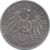 1907 SILVER PRUSSIA 5 MARK - SILVER WORLD COINS - Cambridgeshire Coins