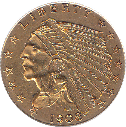 1908 GOLD TWO AND HALF DOLLARS USA - Gold World Coins - Cambridgeshire Coins