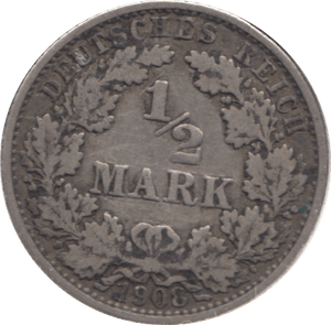 1908 SILVER 1/2 MARK GERMANY - SILVER WORLD COINS - Cambridgeshire Coins