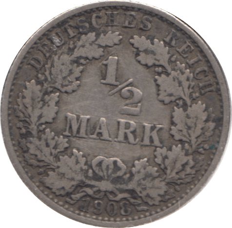1908 SILVER 1/2 MARK GERMANY - SILVER WORLD COINS - Cambridgeshire Coins