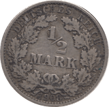 1908 SILVER 1/2 MARK GERMANY - SILVER WORLD COINS - Cambridgeshire Coins