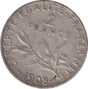 1908 SILVER 2 FRANC FRANCE - SILVER WORLD COINS - Cambridgeshire Coins