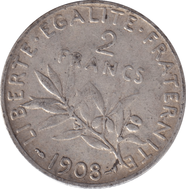 1908 SILVER 2 FRANC FRANCE - SILVER WORLD COINS - Cambridgeshire Coins