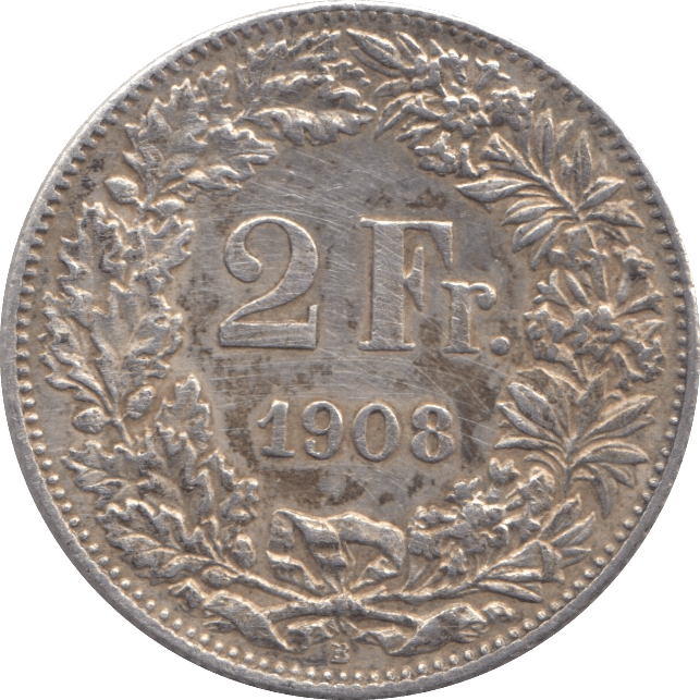1908 SILVER 2 FRANCS SWITZERLAND - SILVER WORLD COINS - Cambridgeshire Coins